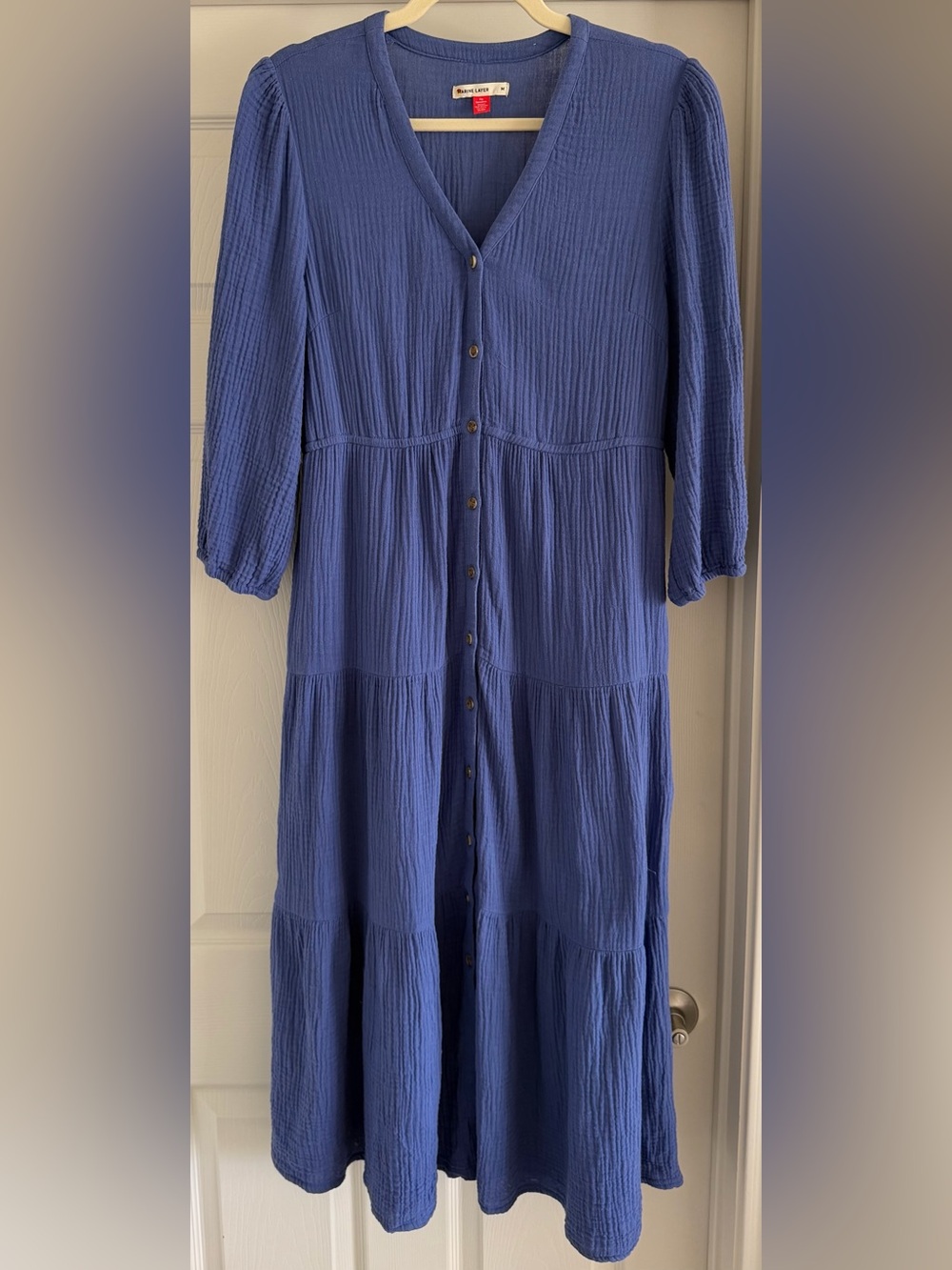MARINE LAYER Willow Doublecloth V-Neck Blue Button-Front Tiered Midi Dress Sz M